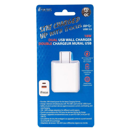 iFocus Dual PD+QC 18W  USB Charger, WHT, 5V-12V/3A-1.5A shared power