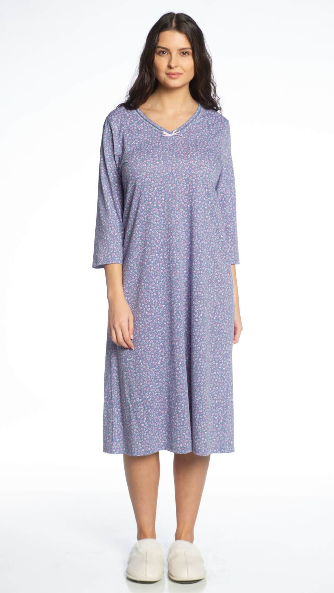 Nightgown - 3/4 sleeve, periwinkle flower Blue