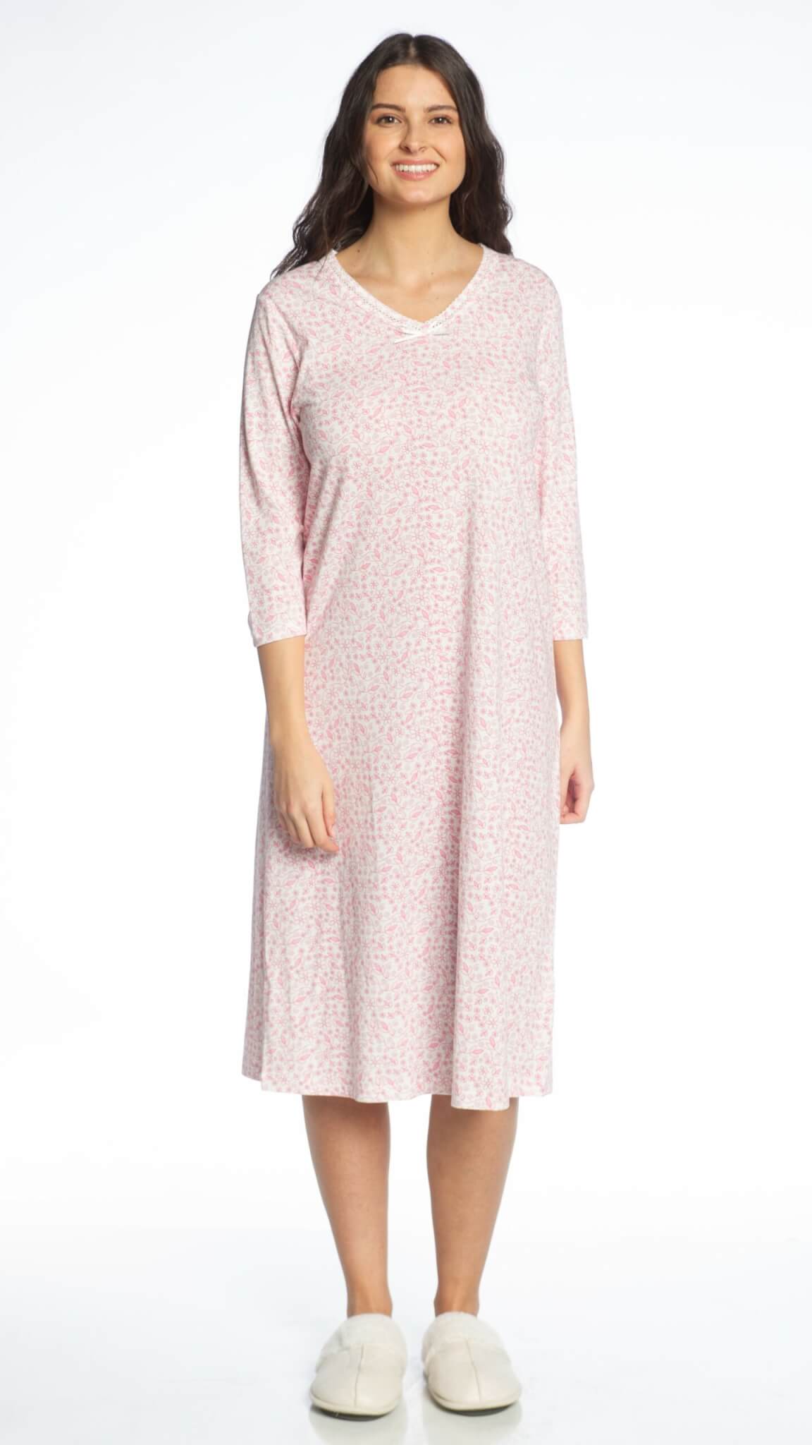 Nightgown - 3/4 sleeve, periwinkle flower Pink